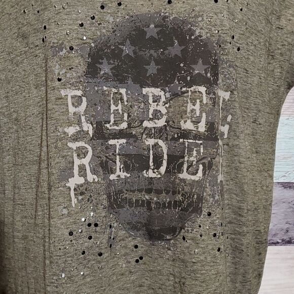 Rock Republic Olive Gray Buronout Rebel Rider Skull Studded Tee Shirt Sz L 923 - Picture 3 of 9